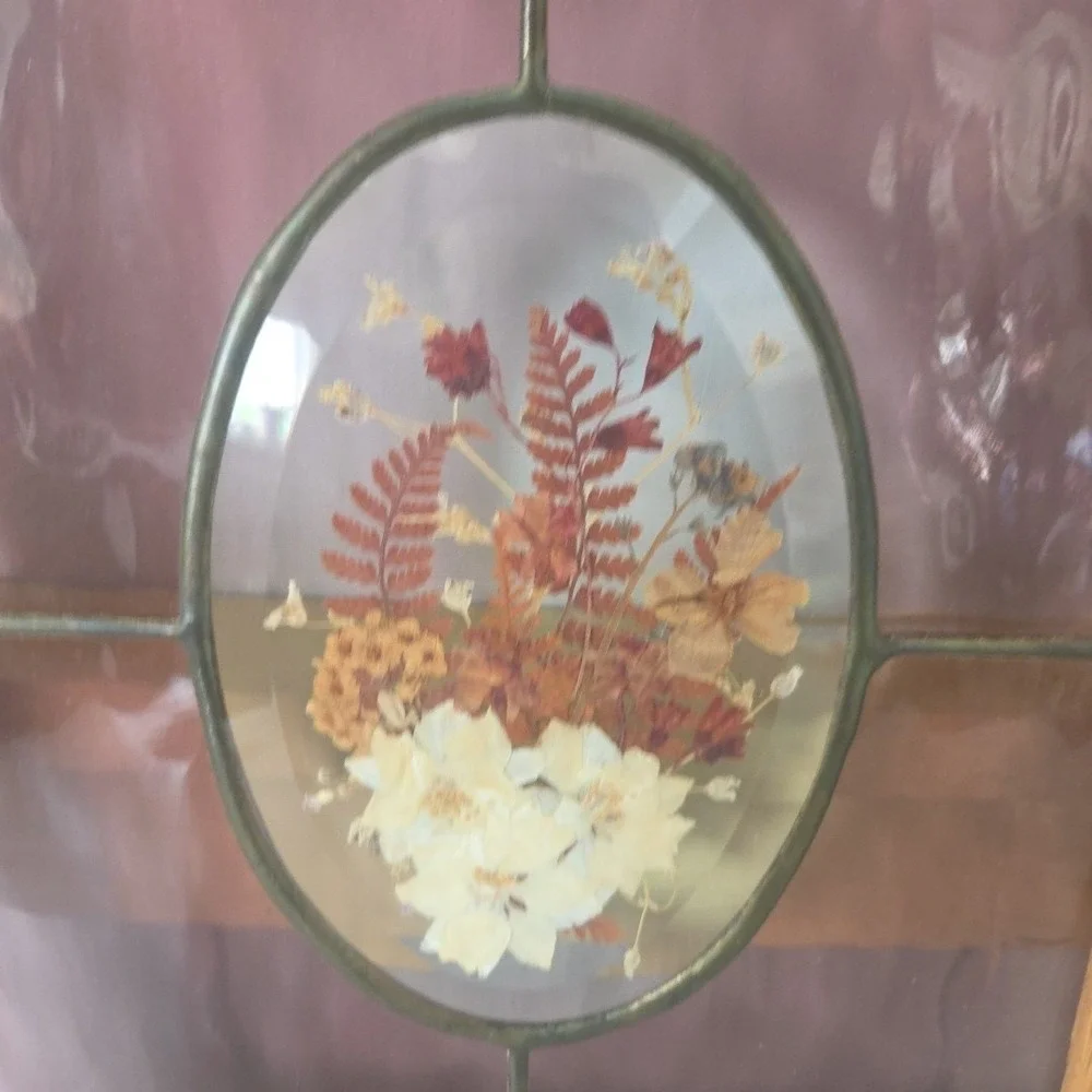 Oak Framed Stained Glass Artwork Dried Flowers Botanical Window Hanging